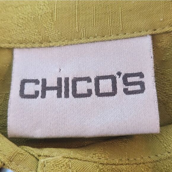 Chico's 1 100% Silk MustardGreen LeafsPrintRolltabSlv ButtonUp Women's Top Shirt - Picture 4 of 7